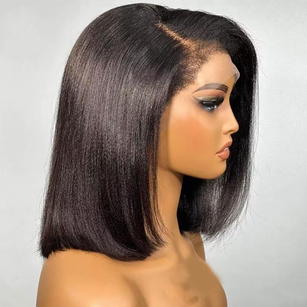 HD Lace Light Yaki Bob Human Hair Wig Brazilian Hair Kinky Straight Human Hair with Curly Baby Hair Glueless Wig 13x6 Transparent Lace Front Wig