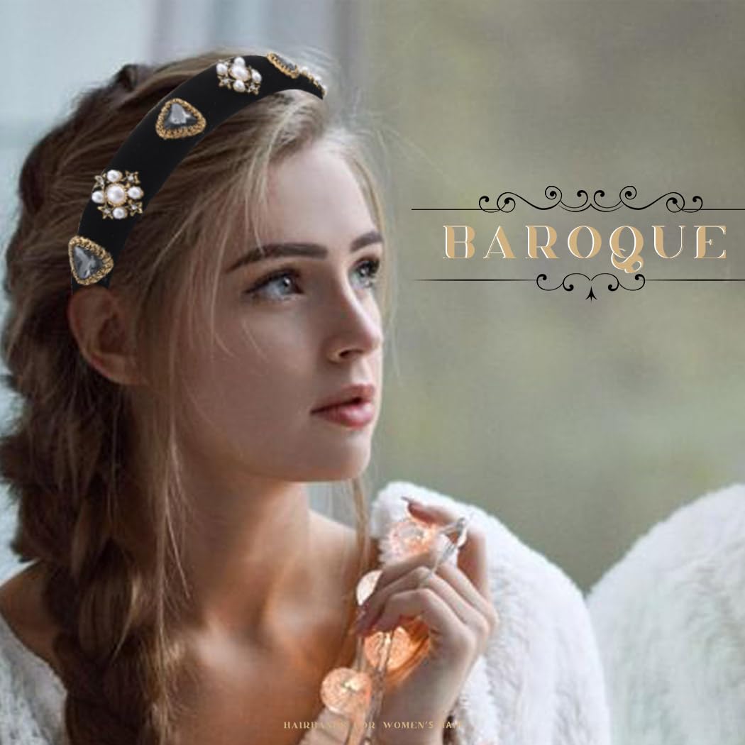 Cerchietto Barocco Con Perle E Strass – Fascia Sottile Antiscivolo Per Donne E Ragazze (Tipo A, Nero)