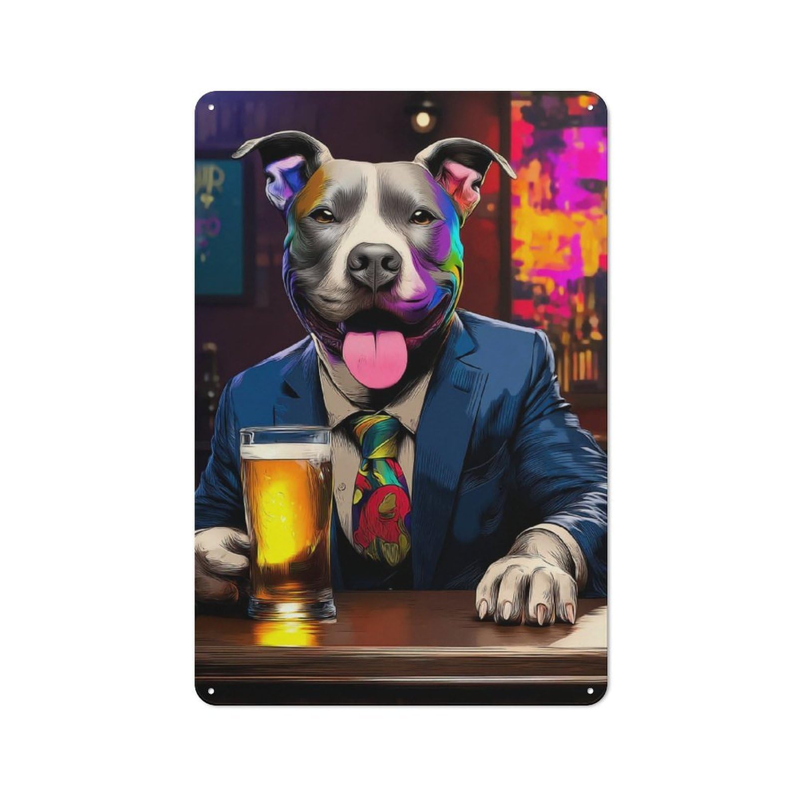 Colorful Dog in Suit Enjoying Beer Vintage Metal Wall Decor 30x20cm, Vintage Tin Sign for Bakery, Diner, Cafe Or Family Room