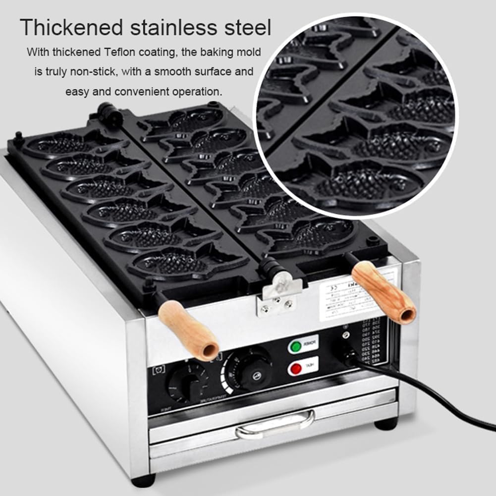 Macchina Elettrica Professionale per Taiyaki, Cialdiera 6 Pezzi Antiaderente con Timer e Controllo Temperatura. per Pasticceria, Ristorante, caffè e Casa (110V/220V)