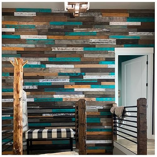 Miniatura 2 de Paneles de pared de listones de madera rústica para paredes decorativas del hogar, hechos de paletas, mezcla rústica de invierno turquesa, paneles