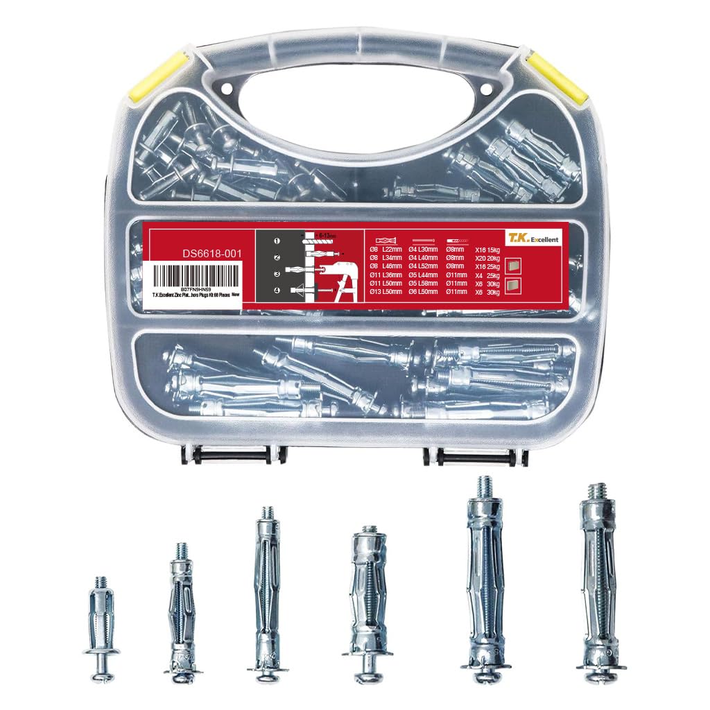 T.K.Excellent Heavy Duty Zinc Plated Steel Bolt Hollow Drive Wall Anchor Screw Set for Drywall,Multiple Sizes Assortment Kit, 68 Pcs
