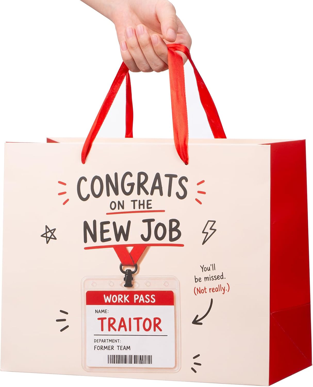 bigniuzi Medium Congrats on New Job Gift Bag Coworker Leaving Farewell Gift Bag with Tissue Paper and Greeting Card for Coworkers Going Away Gifts for Men Women Red image 3
