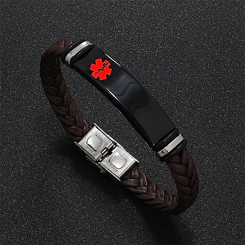 Free Engraving Braided Leather Medical Alert Wristband Sos ICE Personalized Customized Medical ID Bracelet Awareness Emergency for Men Women with Medic Insert Wallet Card,8.27''3