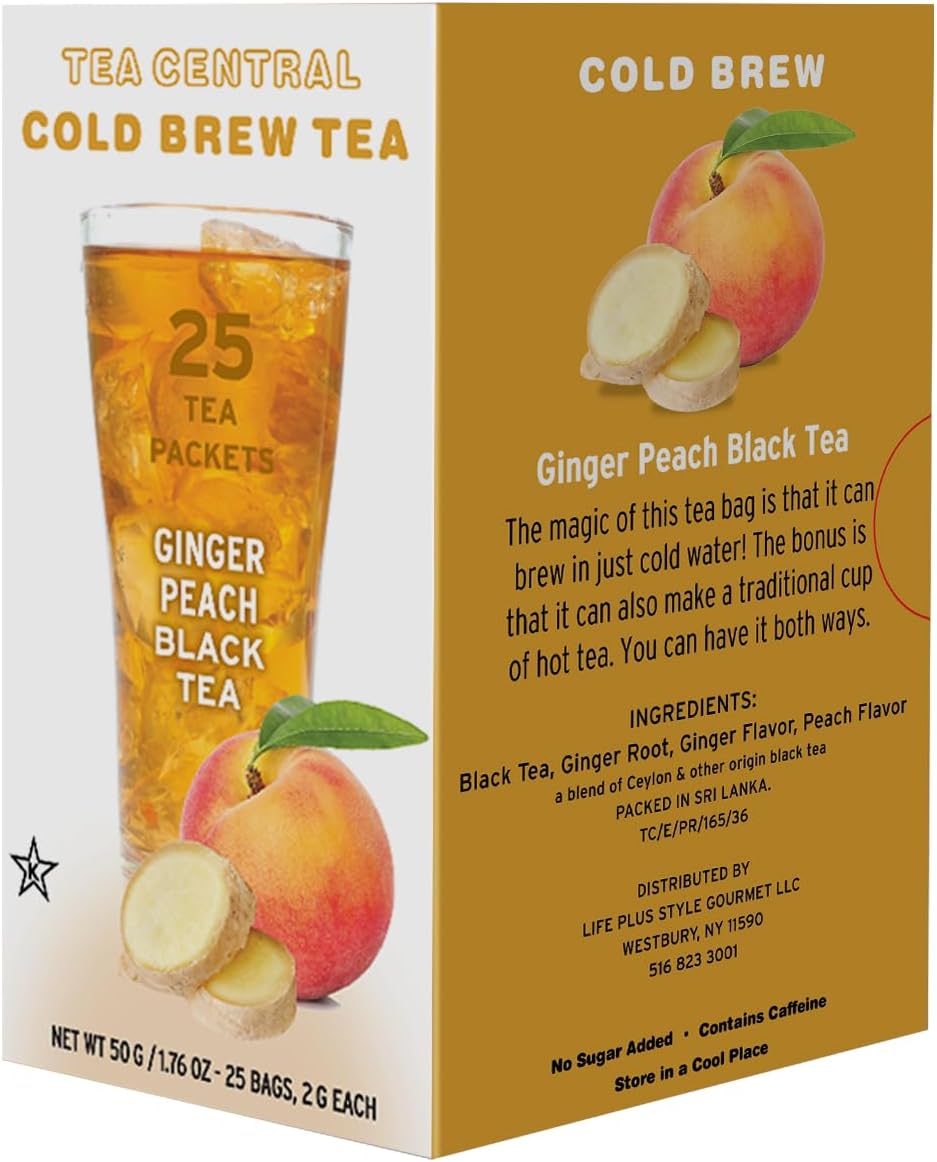 Life Plus Style Gourmet TEA CENTRAL Ginger Peach Black Tea Organic Ceylon Refreshing Tea Beverages Ginger Natural Sweet Flavored Cold Brew Peach Tea Bags Everyday Wellness Iced Drink 25 Tea Bags