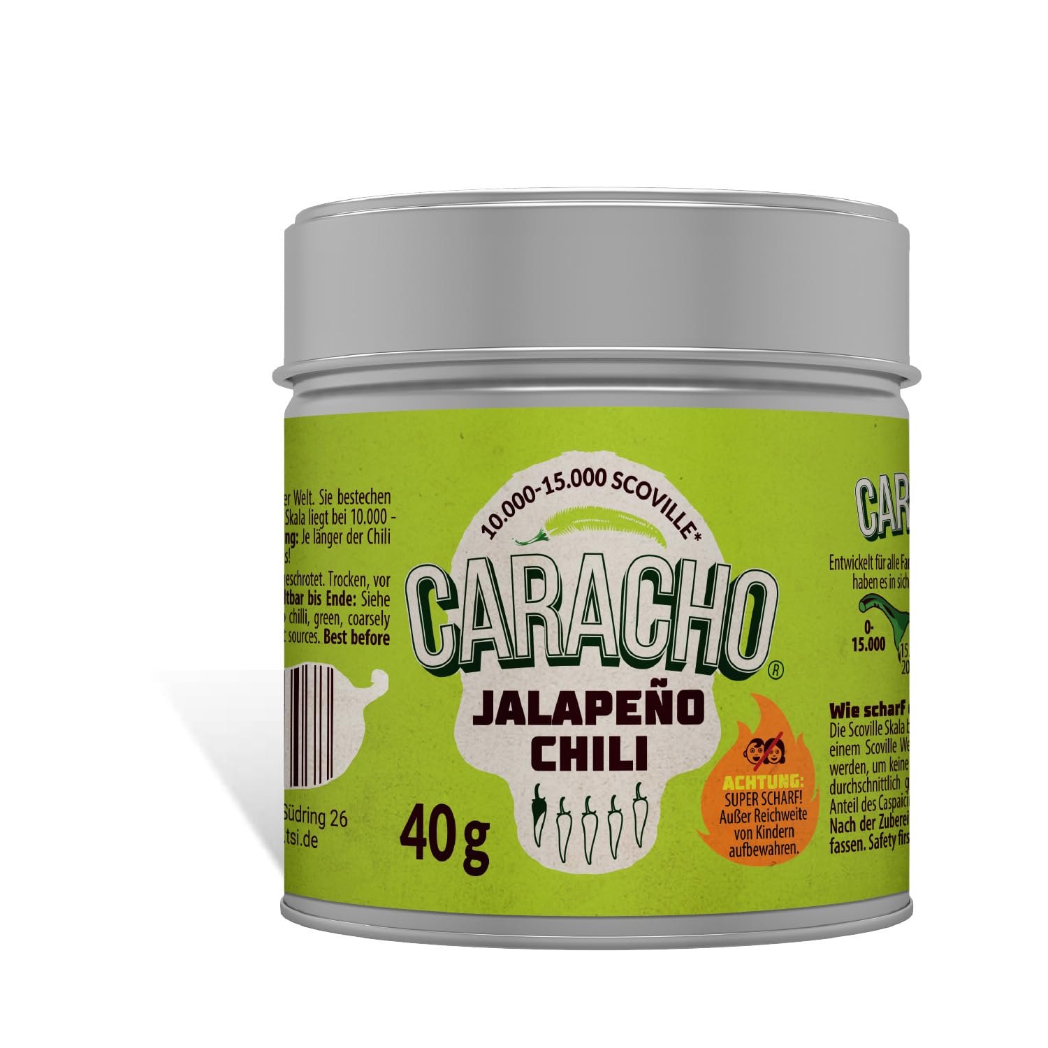 CARACHO 40 g Chile verde jalapeño chatarrado/molido - Premium 100% picante chile en lata de especias de metal/Scoville: 15.000
