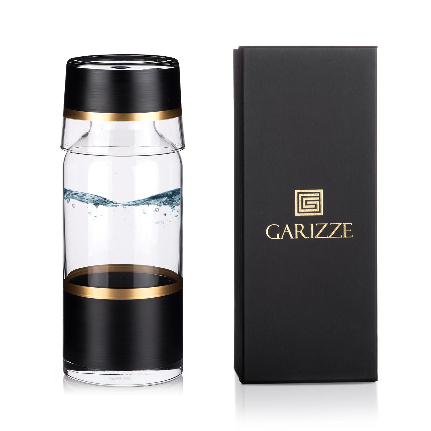 GARIZZE Bedside Water Carafe and Glass Set for Bedroom, Bedside Carafe and Glass Set, Mouthwash Decanter for Bathroom, Water Carafe with Glass Cup for Nightstand (24-oz/7-oz) (BLACK GOLD)Standard Pack