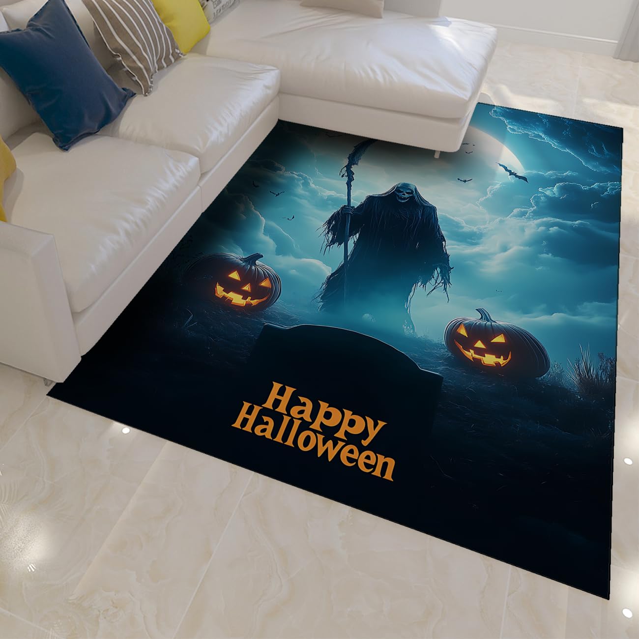 Tapis antidérapant Halloween lavable grand format avec motif fantastique citrouille et crâne
