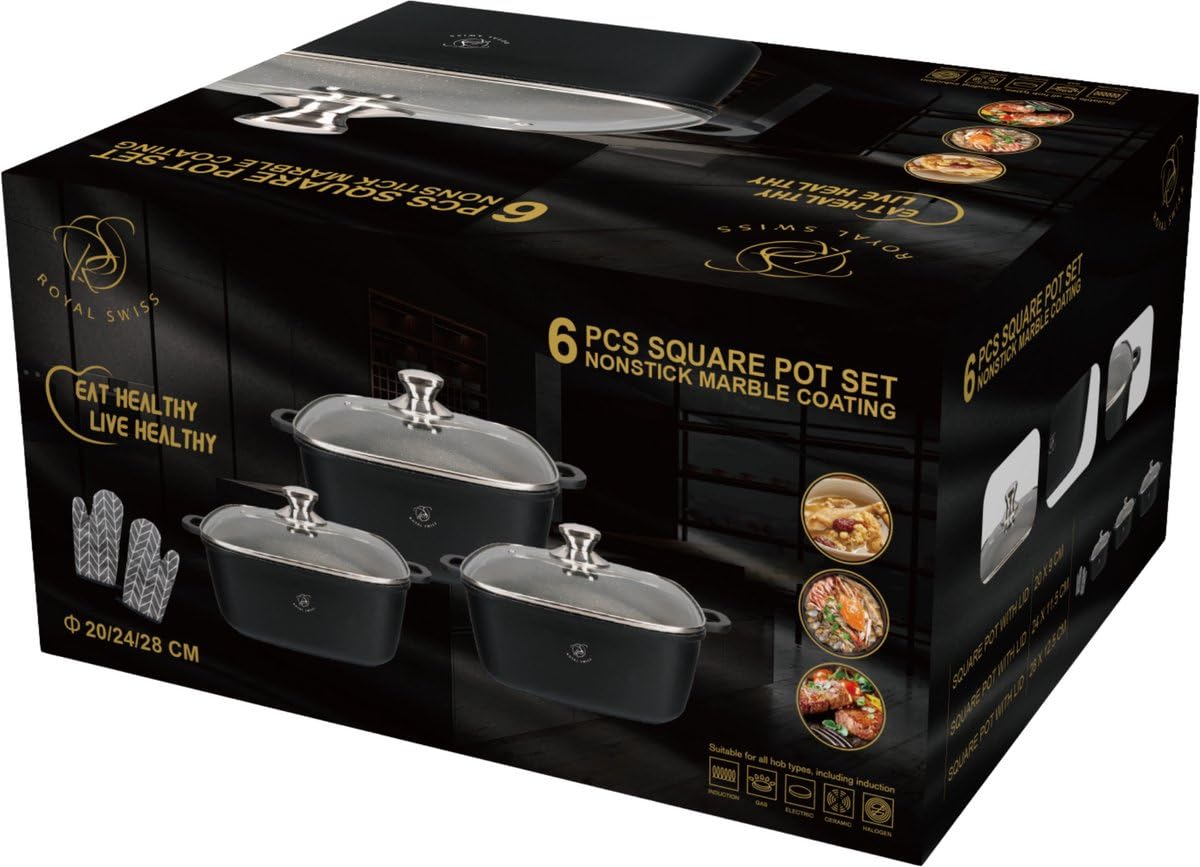 Royal Swiss® Batterie de Cuisine 6 Pièces – Casseroles Carrées Revêtement Effet Marbre – Tous Feux dont Induction & Four – Couvercles en Verre Trempé – Aluminium Antiadhésif – Noir
