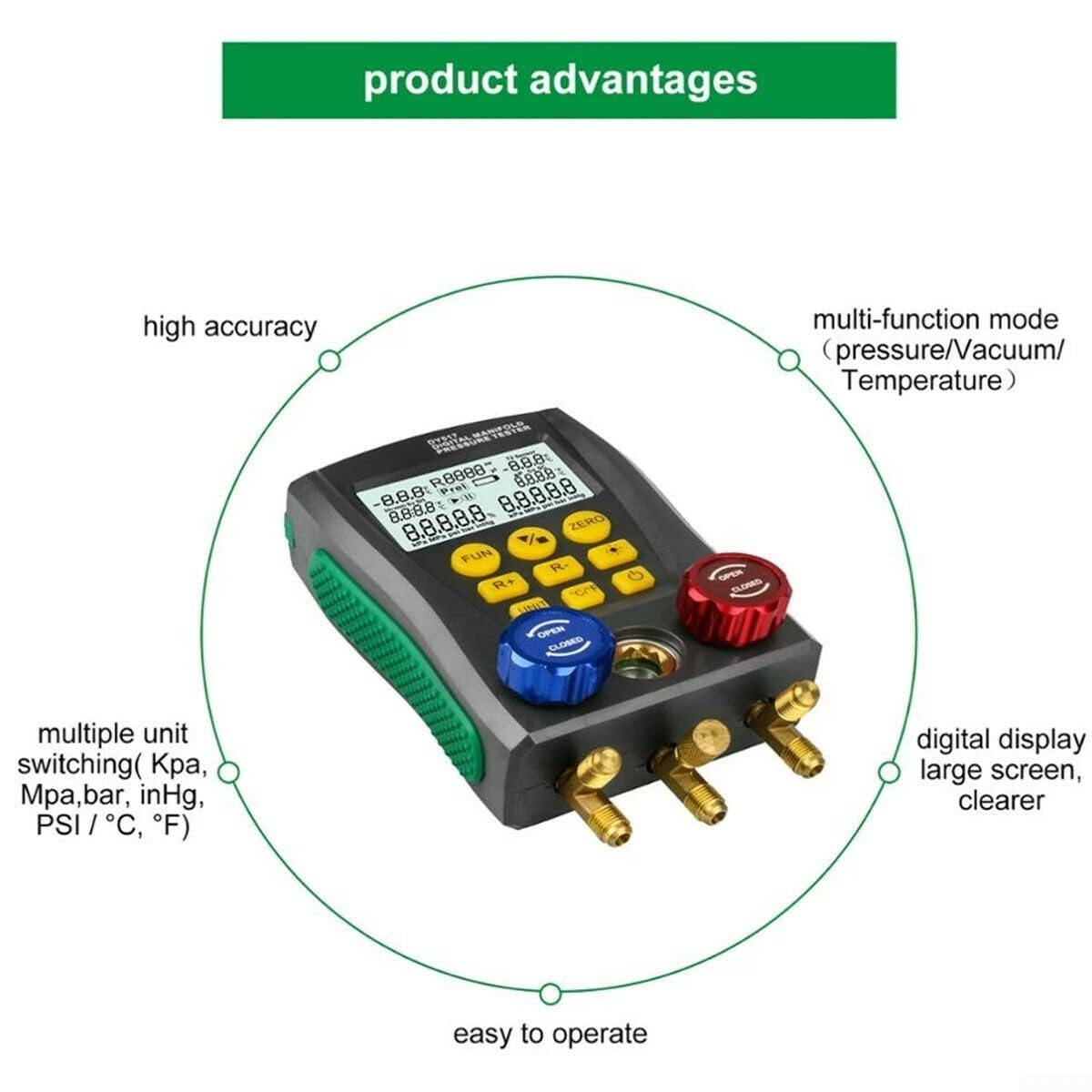 Manometro digitale per refrigerante DY517, con tester sottovuoto per R134a, R22, R12, R502, misuratore di pressione HVAC con display LCD e 60 refrigeranti (A)