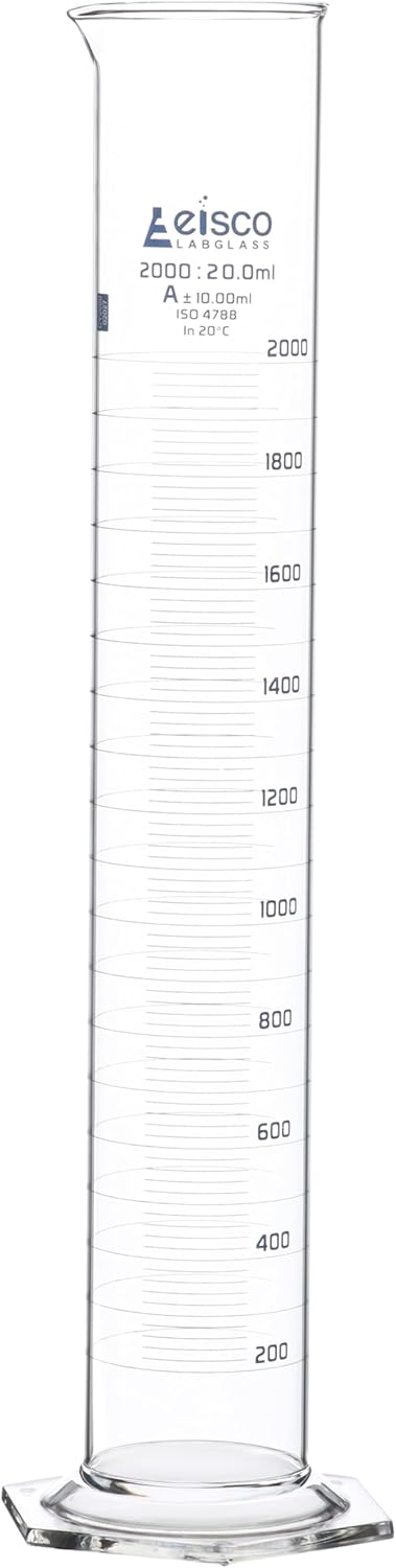 Graduated Cylinder, 2000ml - Class A Tolerance ±10.0ml - Hexagonal Base - Blue Graduations - Borosilicate 3.3 Glass - Eisco Labs