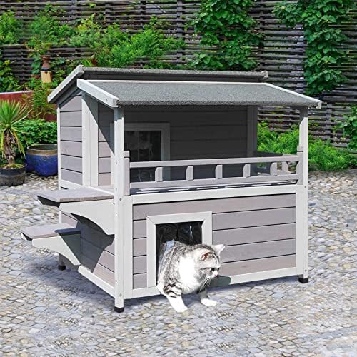 2 Story Cat House Enclosure with Large Balcony, Indoor Cat Condo Outdoor Cat Shelter, Wooden Kitty Home with PVC Door Strip