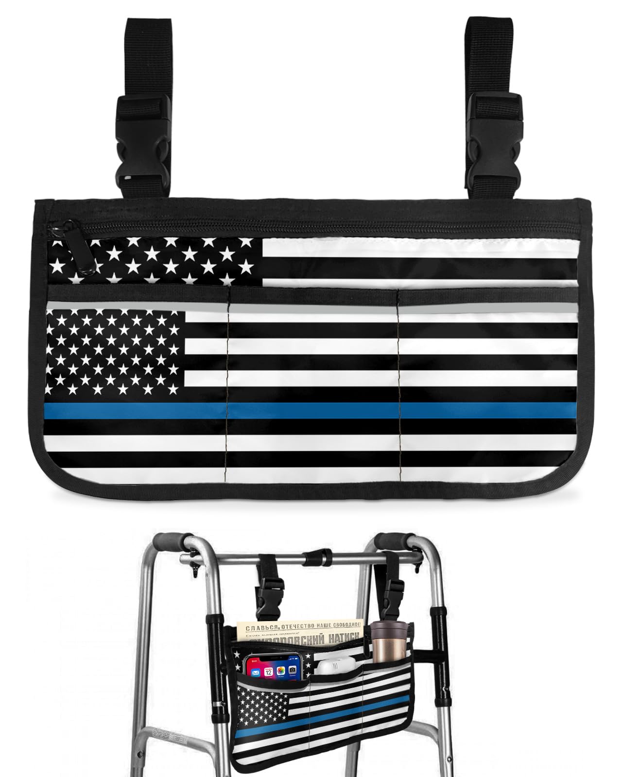 Thin Blue Line Flags Wheelchair Side Bag Walker Bag, American Police Law Enforcement Wheelchair Accessories Armrest Pouch, Organizer Storage Bag for Walkers, Rollators, Scooters, 7.3''x13''