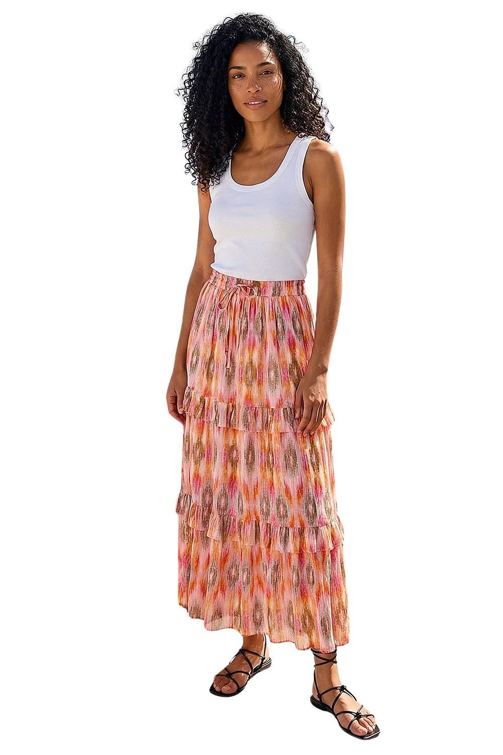 Roman Originals Women's Coral Gypsy Maxi Skirt For Uk Tiered Bohemian Long Ankle Length Cotton Elasticated Waistband High Waist Monochrome Lounge Lightweight Holiday - Size 14
