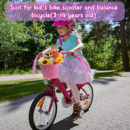 Inborntrait Kids Bike Basket Set, Girl Bike Basket Pink Handwoven, Bike Baskets For Kids, Children Cycling Basket With Spare Leather Straps, Bowknot Streamers And Bell Easy Install Detachable #TOP3