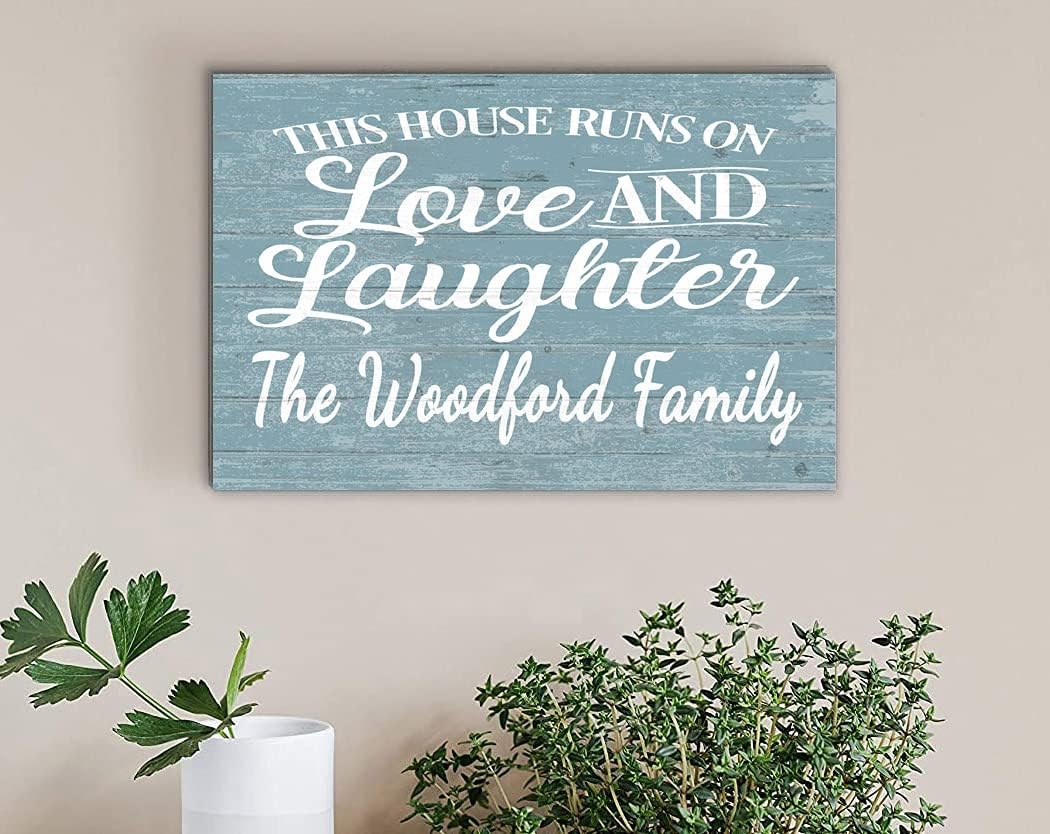 Personalized Family Sign Love and Laughter Custom - Solid Wood - Décor for Home, Anniversary, Wedding, Couples Gift Idea 16.5in x 10.5in (Blue)