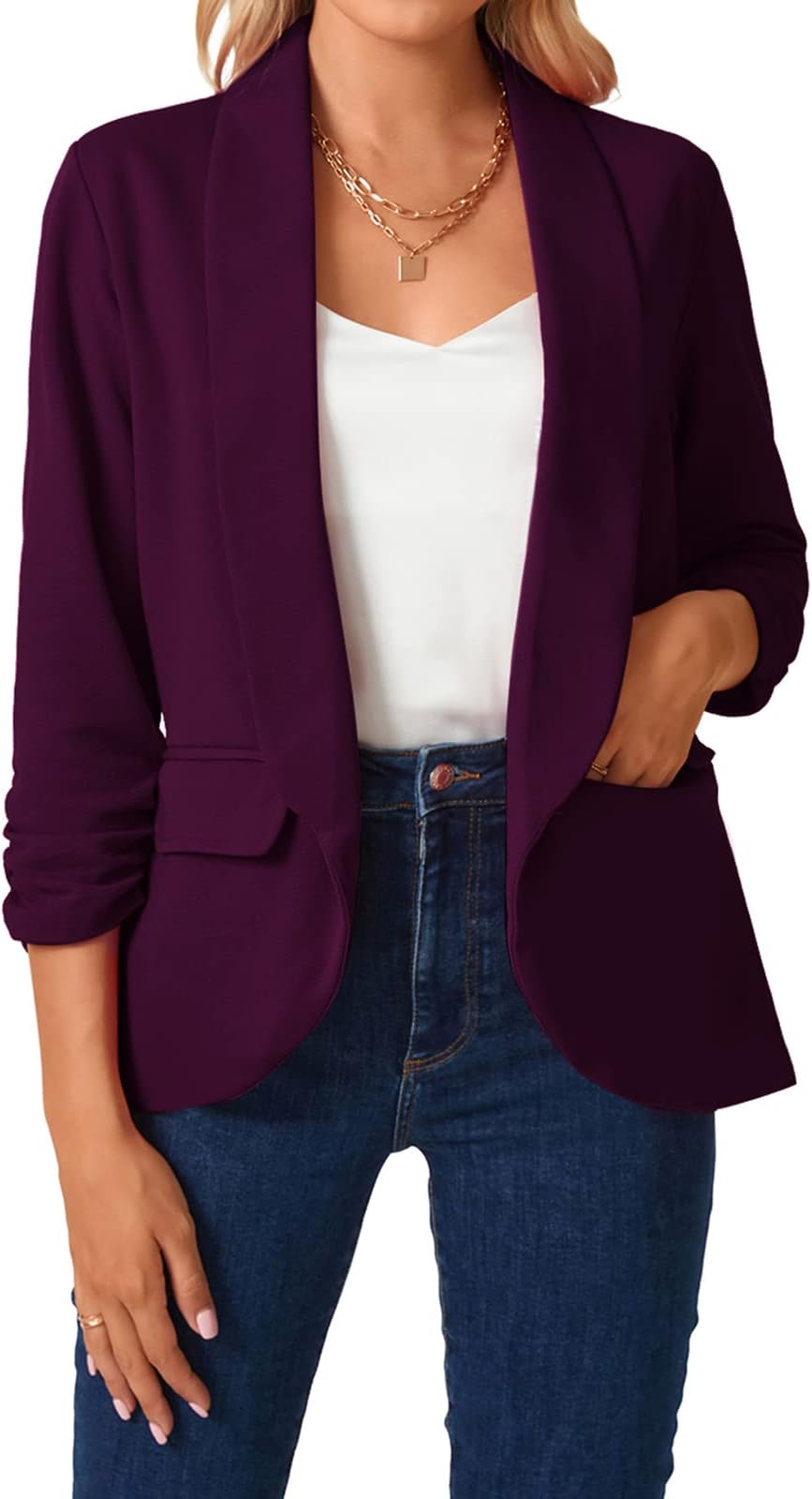 MINTLIMITWomen's 3/4 Ruched Sleeve Blazer Open Front Jacket Suit Plain Work Office Tops Coat Outerwear Flap Pockets