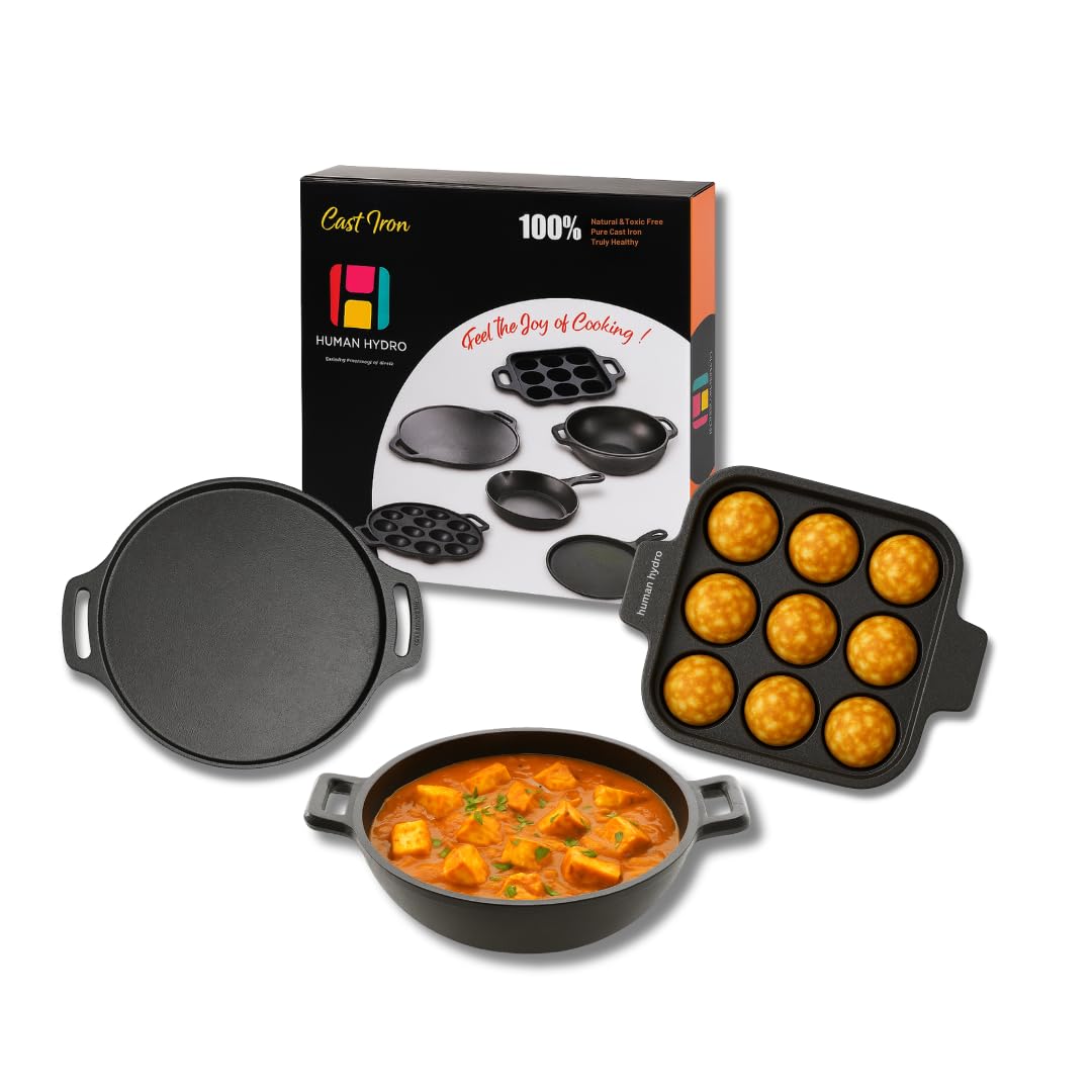 Human Hydro Cast Iron Cookware Combo | 9-Pit Paniyaram Pan, 30CM Dosa Tawa & 23CM Kadai | Pre-Seasoned, Naturally Nonstick, Induction & Gas Compatible | Heavy-Duty Traditional Cookware Set