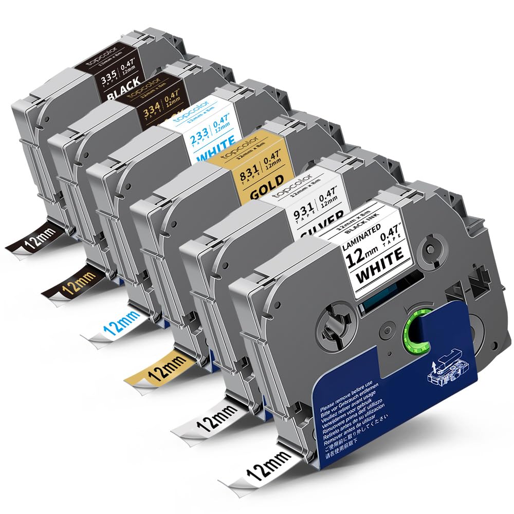 Topcolor 6-Pack 12mm 0.47" Laminated Multi-Color Label Tape Compatible for Brother Tze-931 Tze-831 Tze-233 Tze-334 Tze-335 P Touch Tape Tze Tz 12mm