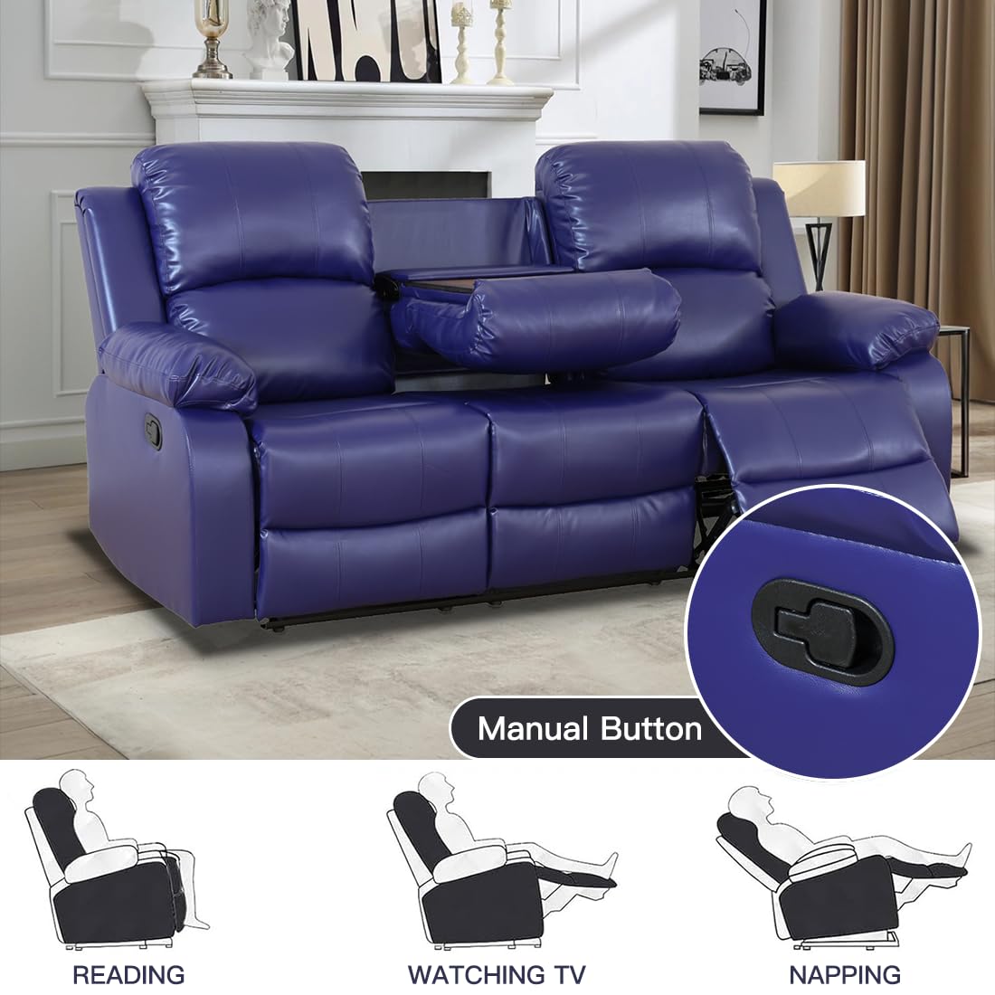 Toseslo Living Room Furniture Set, Manual Reclining Sofa Set, Blue Leather Recliner Couch Sets with Drop-Down Table, Recliner Sofa with Storage Console/Cup Holder for Living Room/Apartment view 5