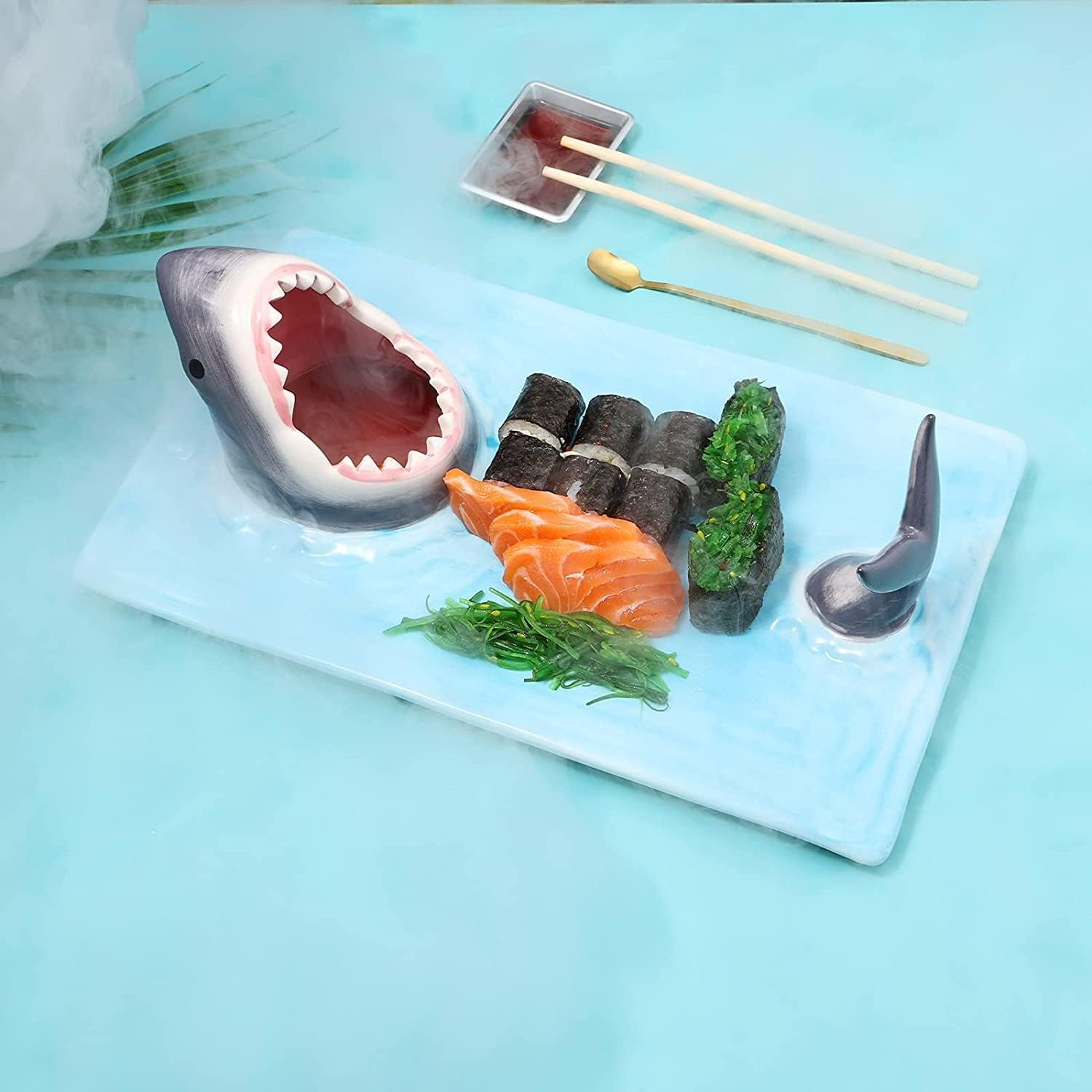 Sushi Teller Shark Keramik Sushiplatte, Sushi Platte Rechteckig Keramik Frühstückstablett Sushi-Platte mit Sojasaucenschale und Essstäbchenhalter, Für Mikrowellen/ofen/Geschirrspüler