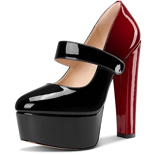 Saekcted Womens Block Chunky High Heel Platform Heel Round Toe Pumps Mary Jane Party Prom Dress Patent Leather 5.9 Inches Heels