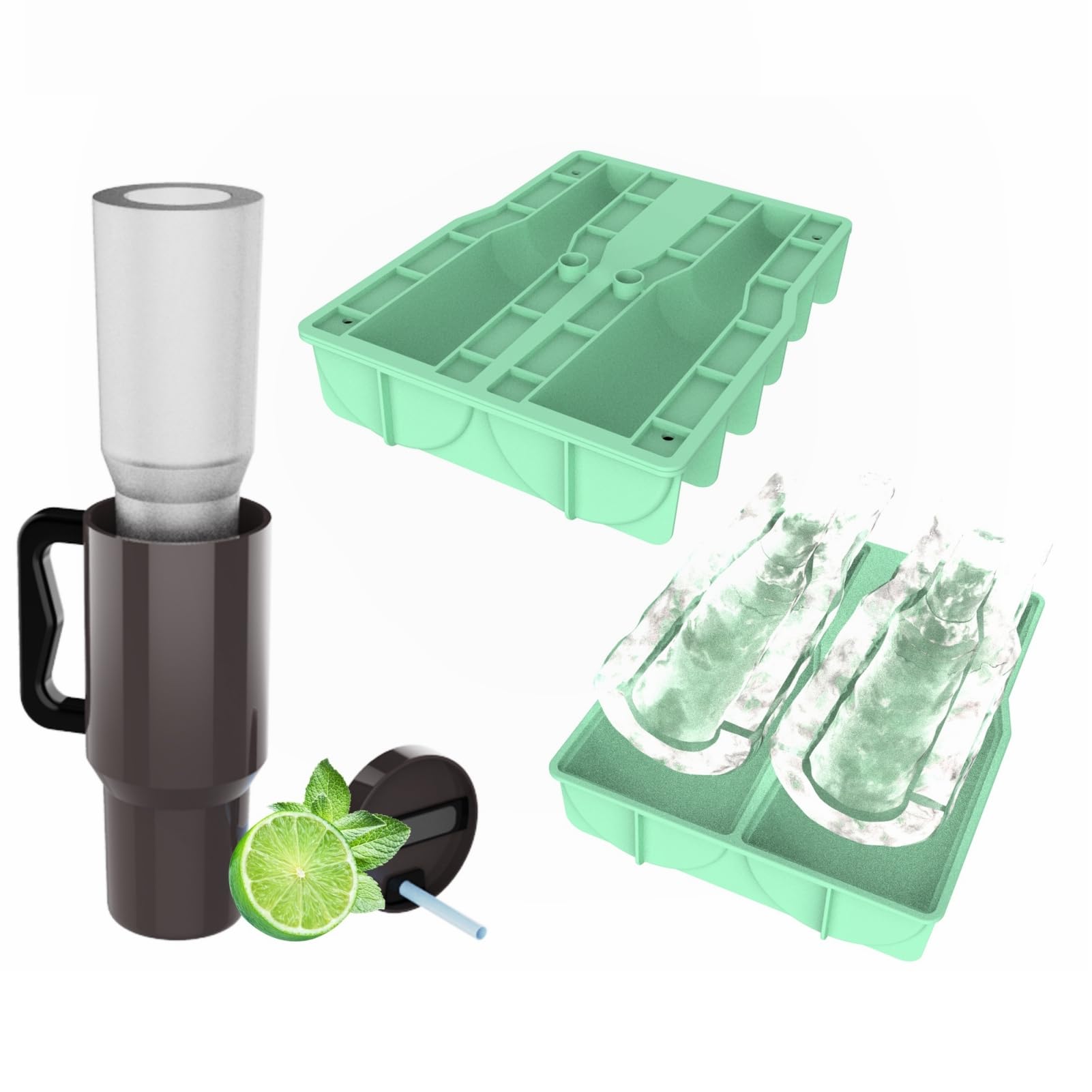 Ice Cube Tray for Stanley Cup, Tumbler Cup Ice Mold FITS 40Oz ONLY (2 IN 1 DESIGN MAKE 2PCS ICE CUBES FILL THE CUP) Silicone Ice Cube Maker Tray with LID for Chilled Drinks, Cocktails, Coffee, Juice