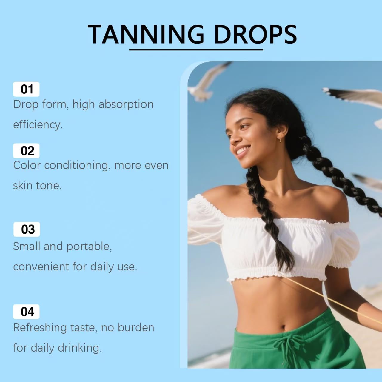 Gouttes de bronzage sans soleil pour le visage et le corps – Gouttes autobronzantes à base de plantes avec ingrédients botaniques. Tanneur sans toxines pour faux bronzage