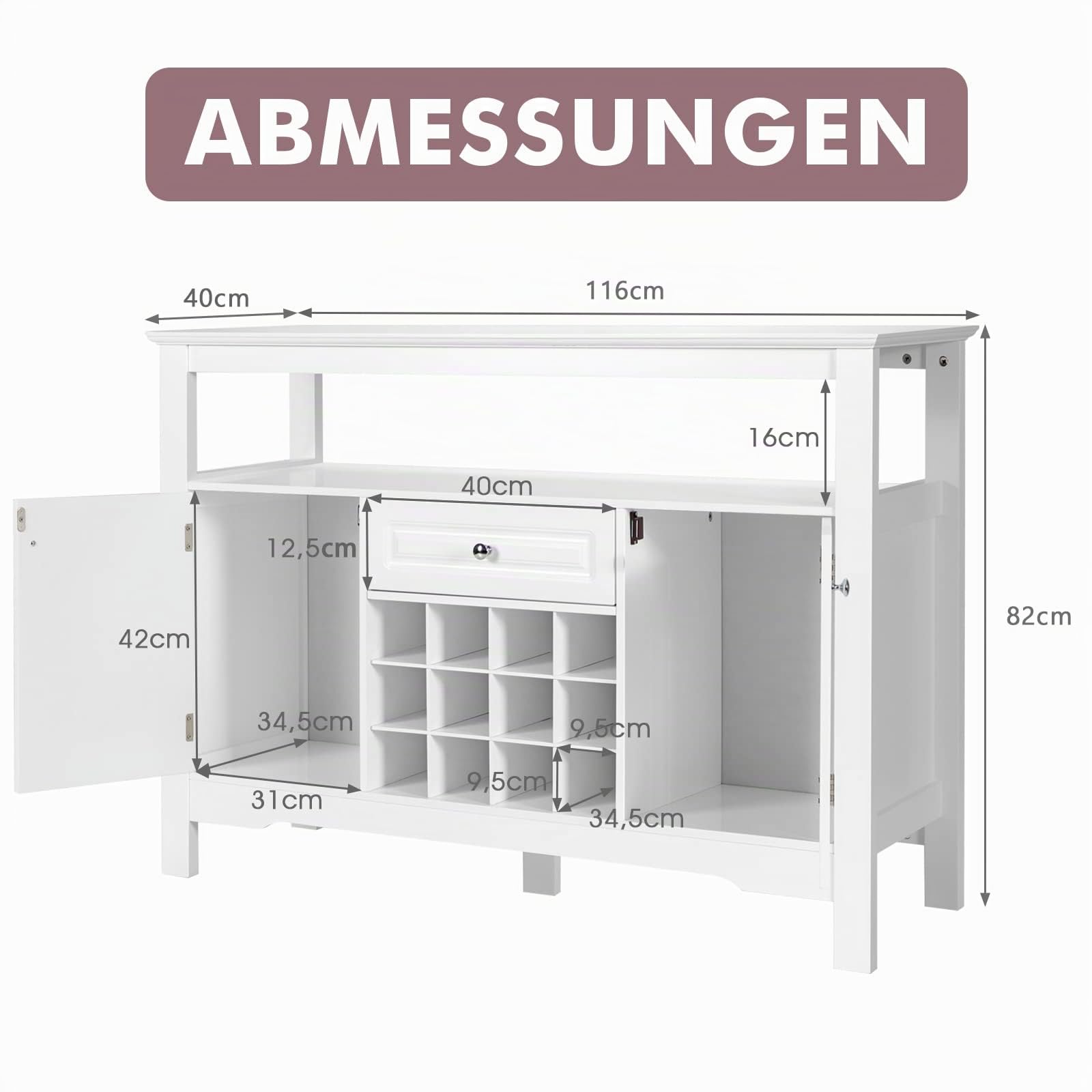 COSTWAY Sideboard Küchenschrank mit Türen und Schubladen, Küchekommode Holz, Buffetschrank Aufbewahrungsschrank Beistellschrank Weinschrank 116 x 40 x 82 cm (Weiß)