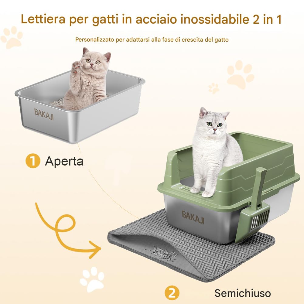 BAKAJI Litière pour Chat XL Ouverte avec Base en Acier avec Sac Anti-Sable, Pelle pour Collecte, Tapis Anti-saleté, Base antidérapante, capacité 25 litres, Couleur Verte, 50 x 35 x 30 cm