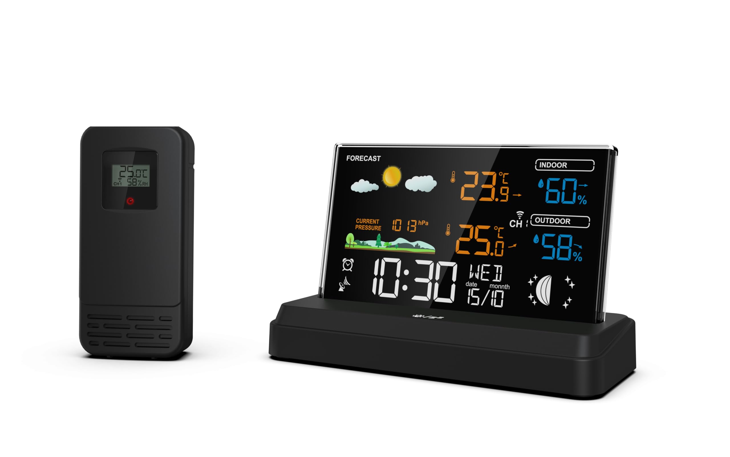 SOUCCESS FUNK-WETTERSTATION "DELUXE" - FARBIGE WETTERSTATION MIT FUNKUHR, WETTERDATEN, AUSSENSENSOR, MONDPHASE, TEMPERATUR, LUFTDRUCK, NETZTEIL