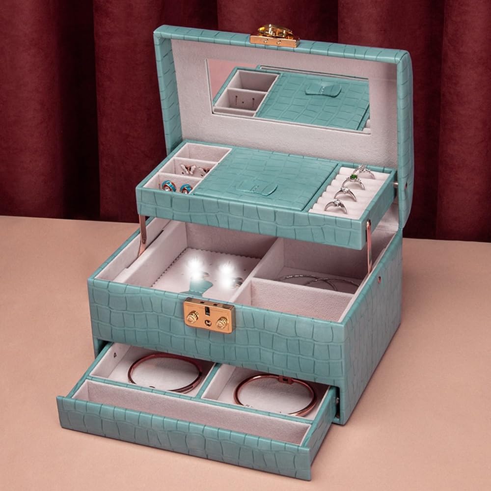 Torre para joyas Caja organizadora de joyas cuero con almacenamiento en espejo Soporte