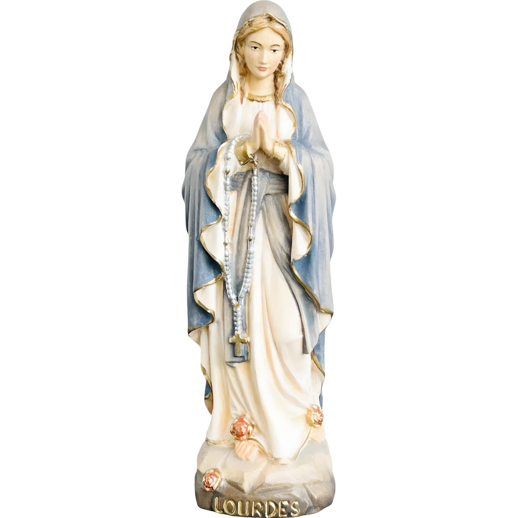 Rzeźbiona w drewnie statuetka Matki Bożej z Lourdes autorstwa Dolfi