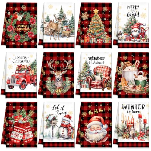 VitalCozy 12 Pcs Christmas Kitchen Towels and Dishcloths Absorbent Merry Christmas Tree Reindeer Truck Santa Claus Hand Dish Tea Towels Plaid Decoration for Xmas Home Gift Supplies, 14.2 x 21.3 Inch