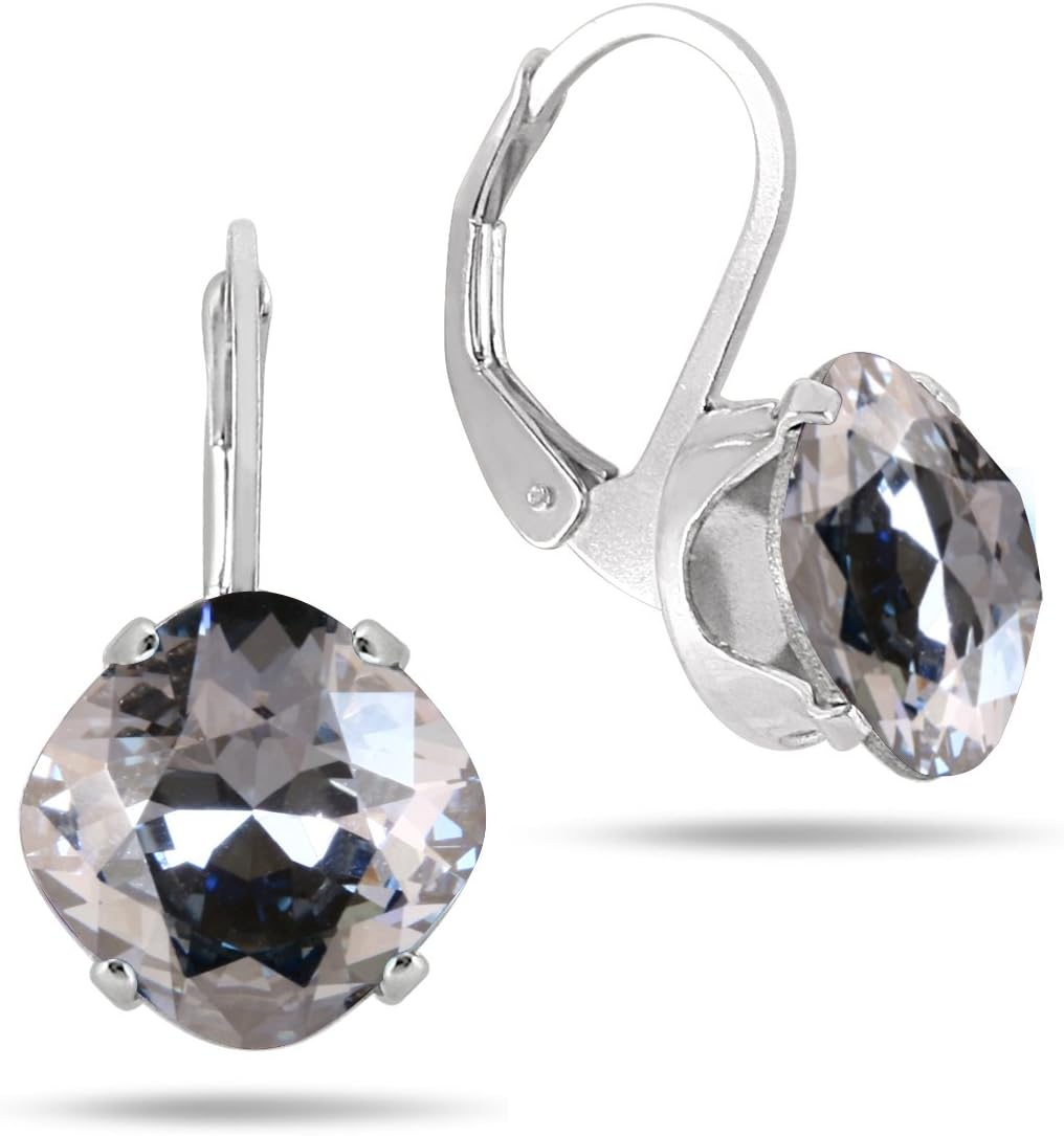 10 MM Cushion Cut Genuine SWAROVSKI Element Crystal Lever Back Earrings in .925 Sterling Silver