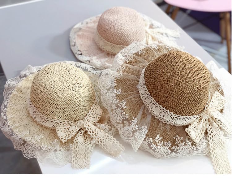 1PCS Kids Girls Straw Sun Visor Hat Lace Flower Breathable Summer Beach Hat with Wide Brim3