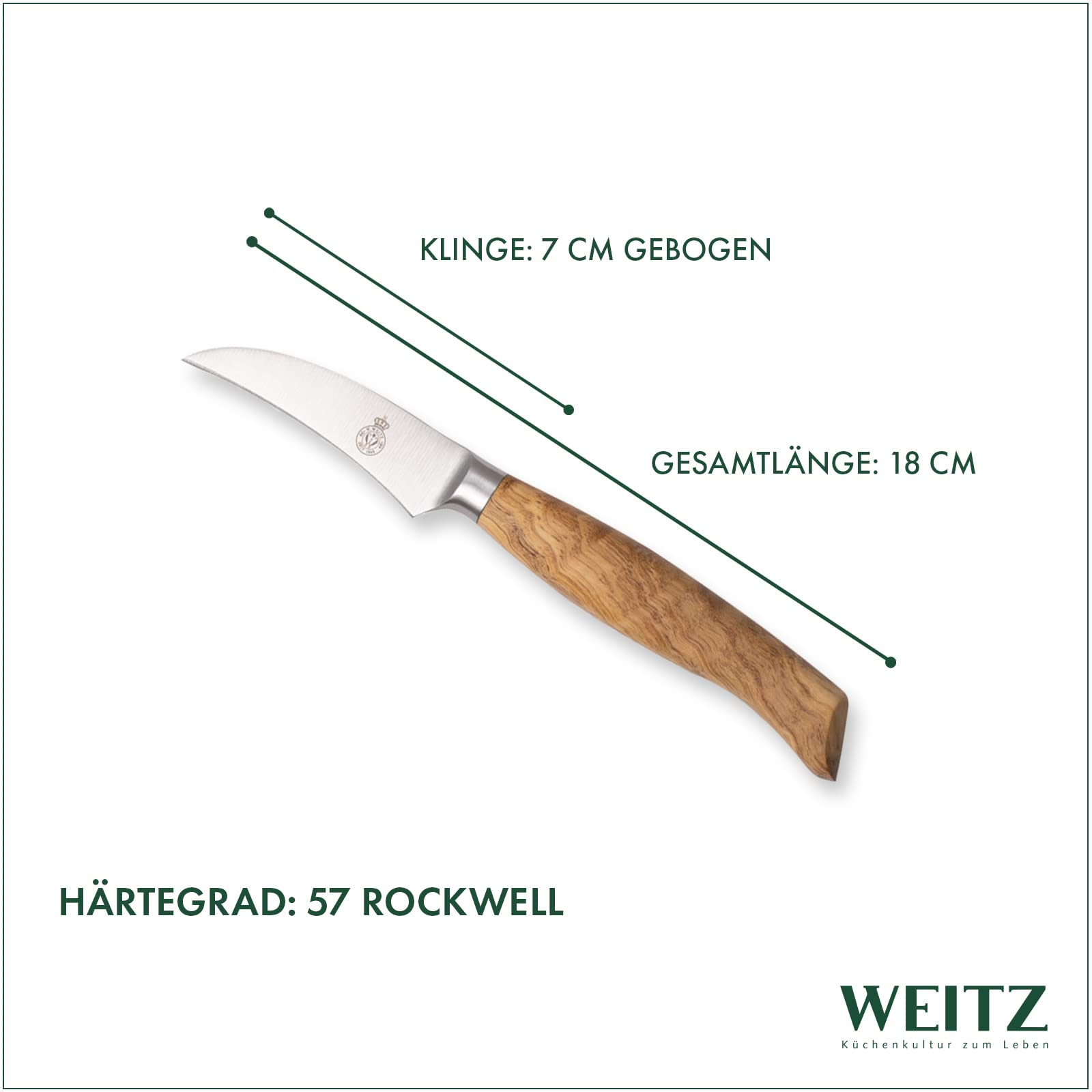 WEITZ Schälmesser 7 cm, Edelstahl mit Olivenholzgriff | Gebogen, Gemüsemesser, Präzisionsmesser aus Solingen, Made in Germany, Langlebig & handlich