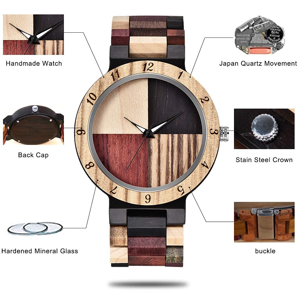Tiong Reloj de Madera Natural Hombre - Cuarzo Japonés, Texturas Únicas, Colorido Unisex