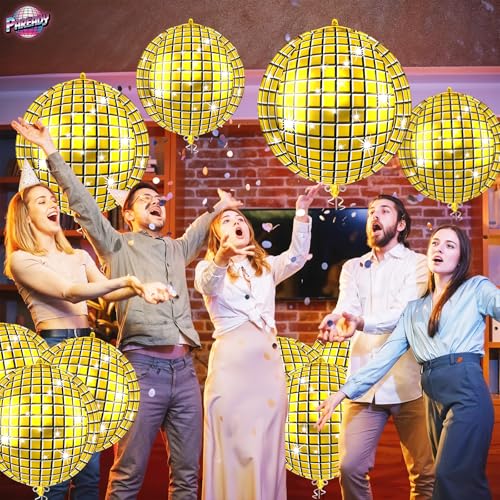 Image of 6pcs 22 Inch Gold Disco Ball Balloons, Gold Big Disco Balloons, 4d Large Foil Aluminum Balloon For Birthday Baby Shower 70s 80s 90s Theme Party Wedding Engagement Graduation New Year Decoration