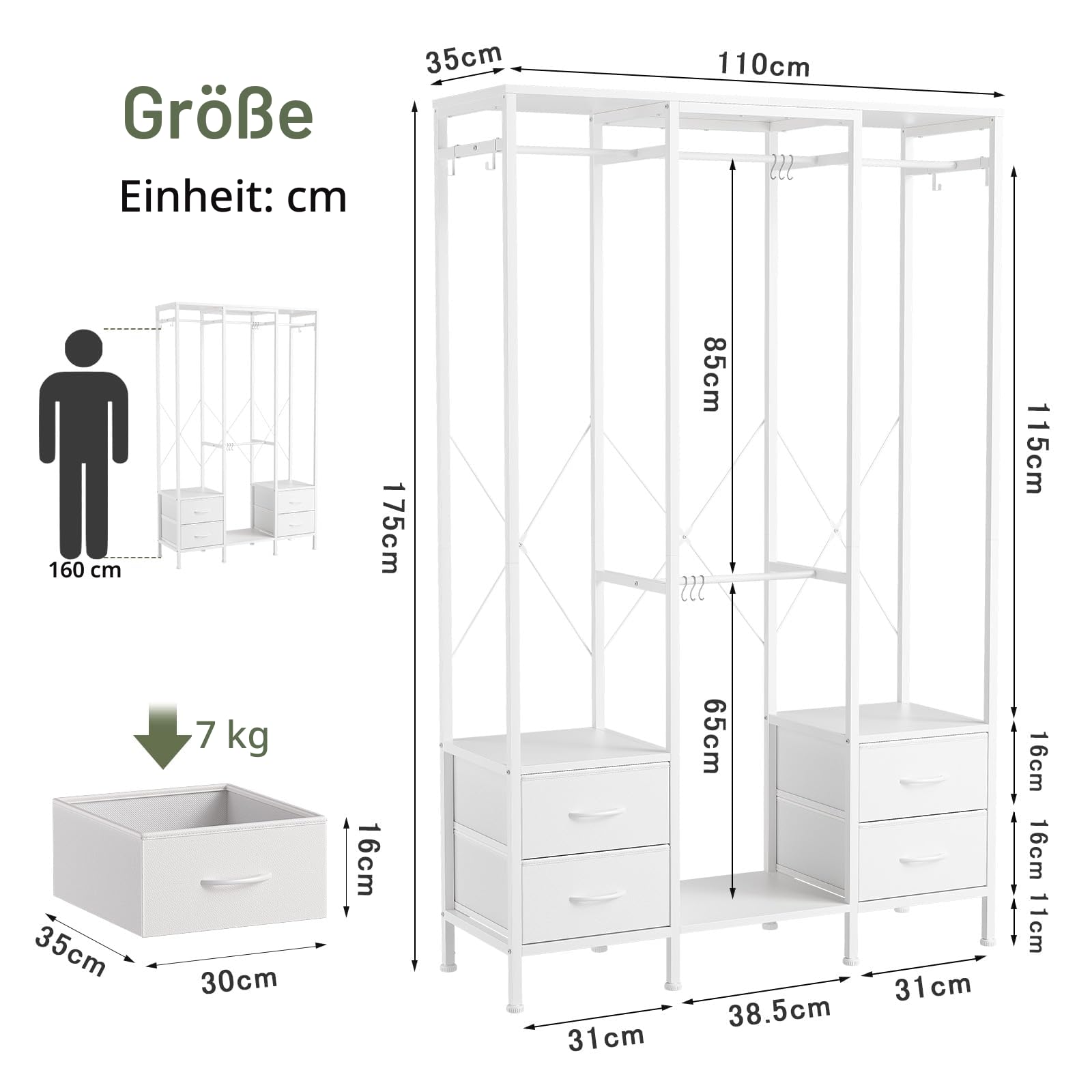 Schlafzimmer Kleiderschrank, Stoffschubladen & Hängeregale， Weiß