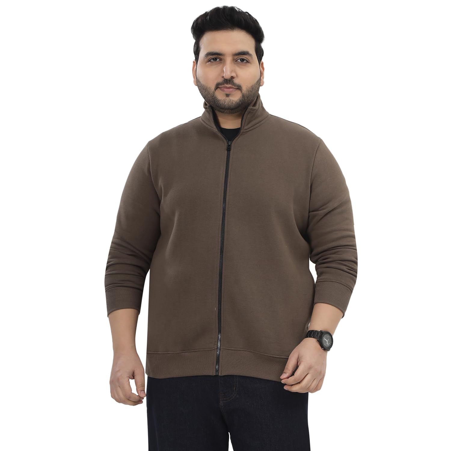 Plus Size Men Regular Fit Solid Mock Collar Fleece Brown Front-Open Sweatshirt (JPSWT75266_Brown)-image-26