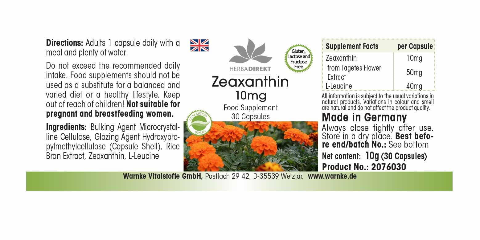 Zeaxantina 10mg - Ottenuto da 50mg d’estratto dai fiori di calendula - 30 capsule - Vegan | HERBADIREKT by Warnke Vitalstoffe - Qualità da farmacia tedesca
