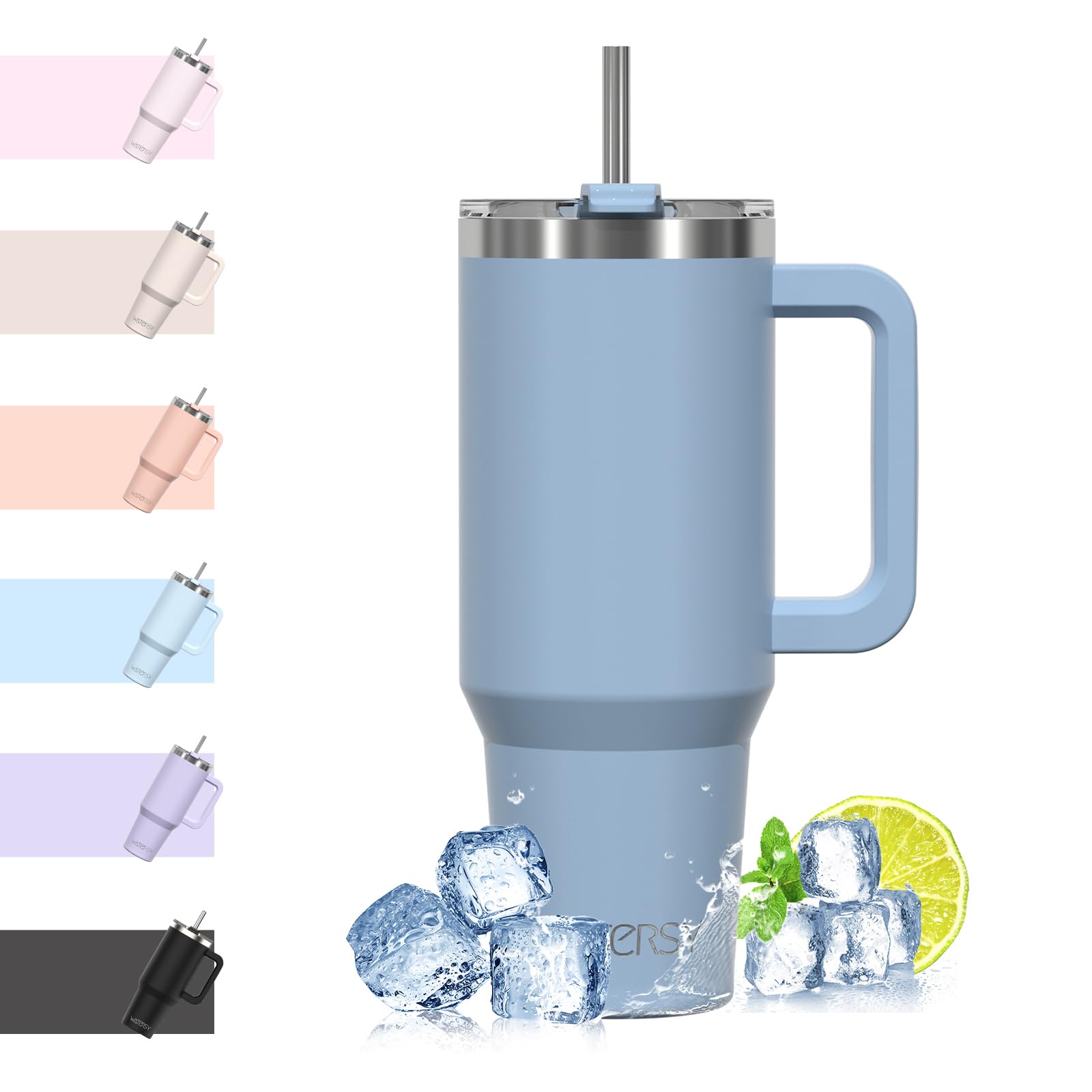 Travel Mug Coffee Cup 40oz Tumbler Straw Lid and Handle, Stainless Steel Double Wall Vacuum Insulated Coffee Water Bottle Thermal for Cold Hot Coffee 1182ml Smog Blue