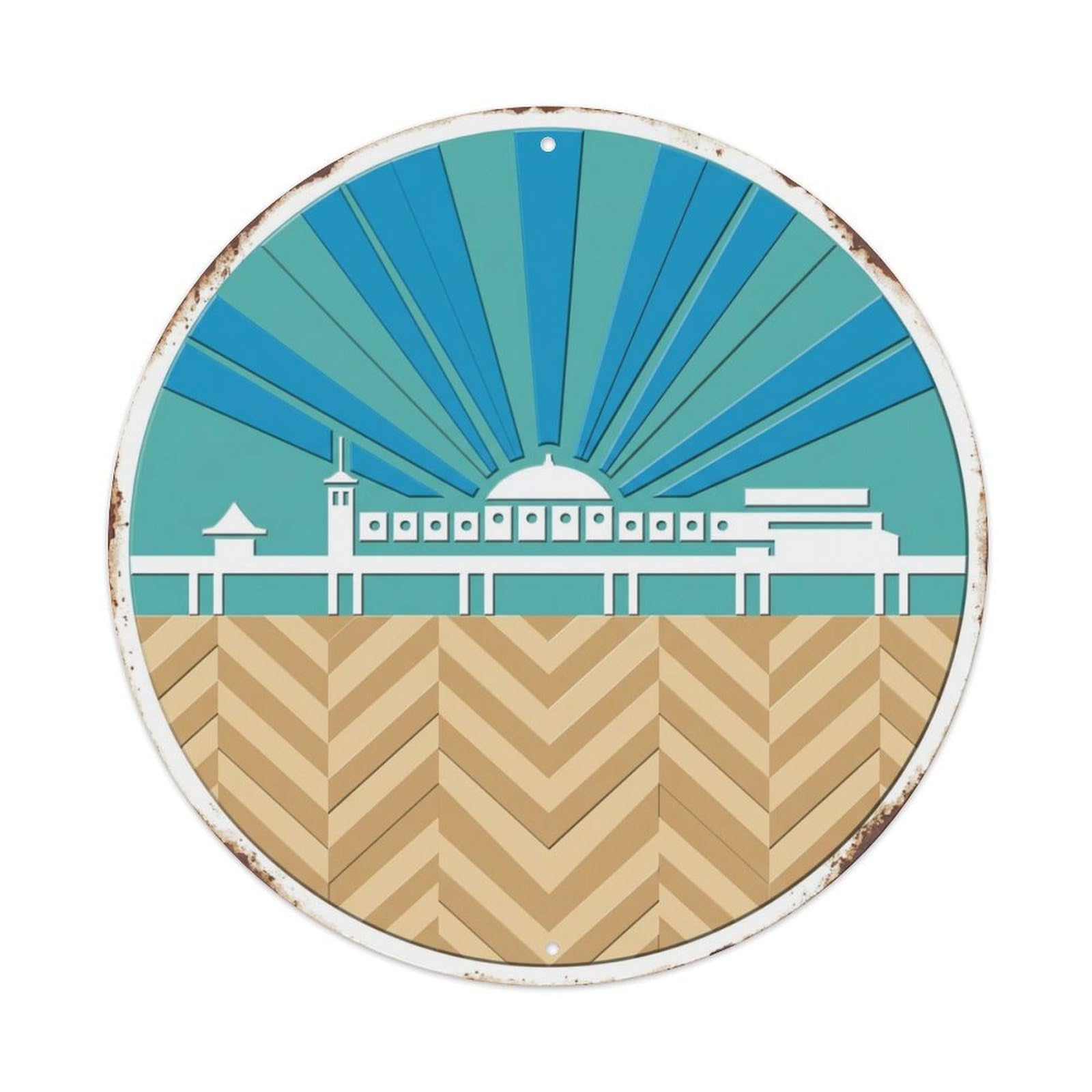 Brighton Radiant Pier Travel Metal Tin Sign Plaque Wall Decor for Cafe, Club Bar, Office, Home Garden Round Metal Poster 8x8Inch