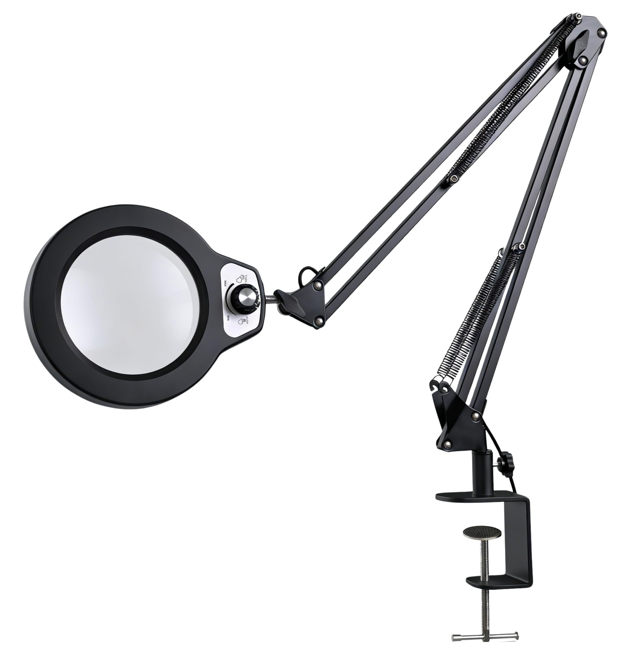 Lámpara Lupa LED con Pinza de Sujeción, Gran Lente de Cristal 5D | Cristal 12,5 cm, 100 LED, 5 colores, brazo 1 m, fuente 12V, mordaza 6,4 cm, precisión, afición, lectura