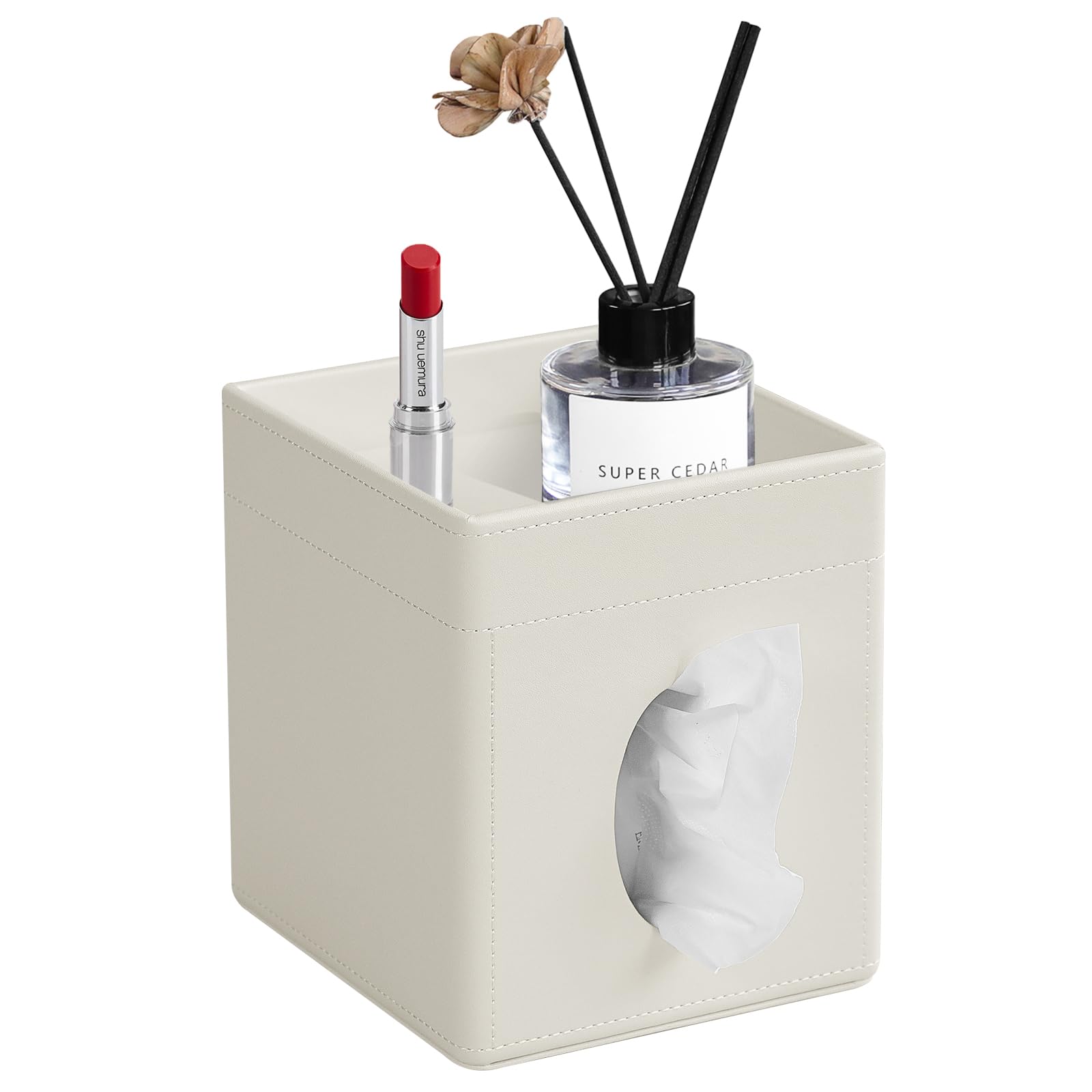 Cretkhp Tissue Box Cover, PU Leather Square Tissue Box Holder with Storage Tray for Bathroom Vanity Countertop Night Stands Bedroom Office Desk,