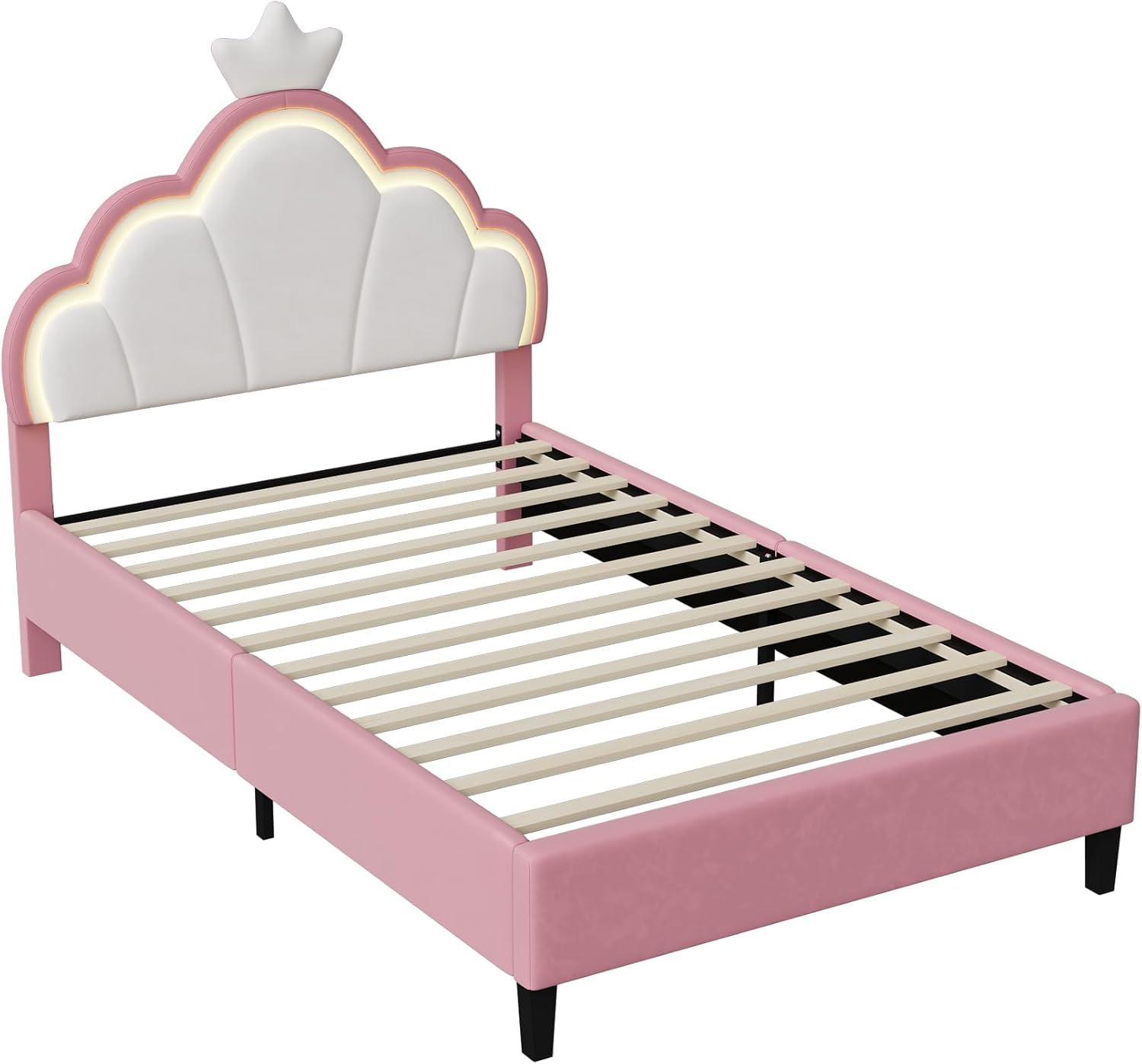 Cama infantil tapizada de 90x200 cm, cama para niñas, camaInfantil, camaPrincesa con cabecero LED ajustable y somier de láminas, camaJuvenil de madera maciza y terciopelo, sin colchón (90*200)