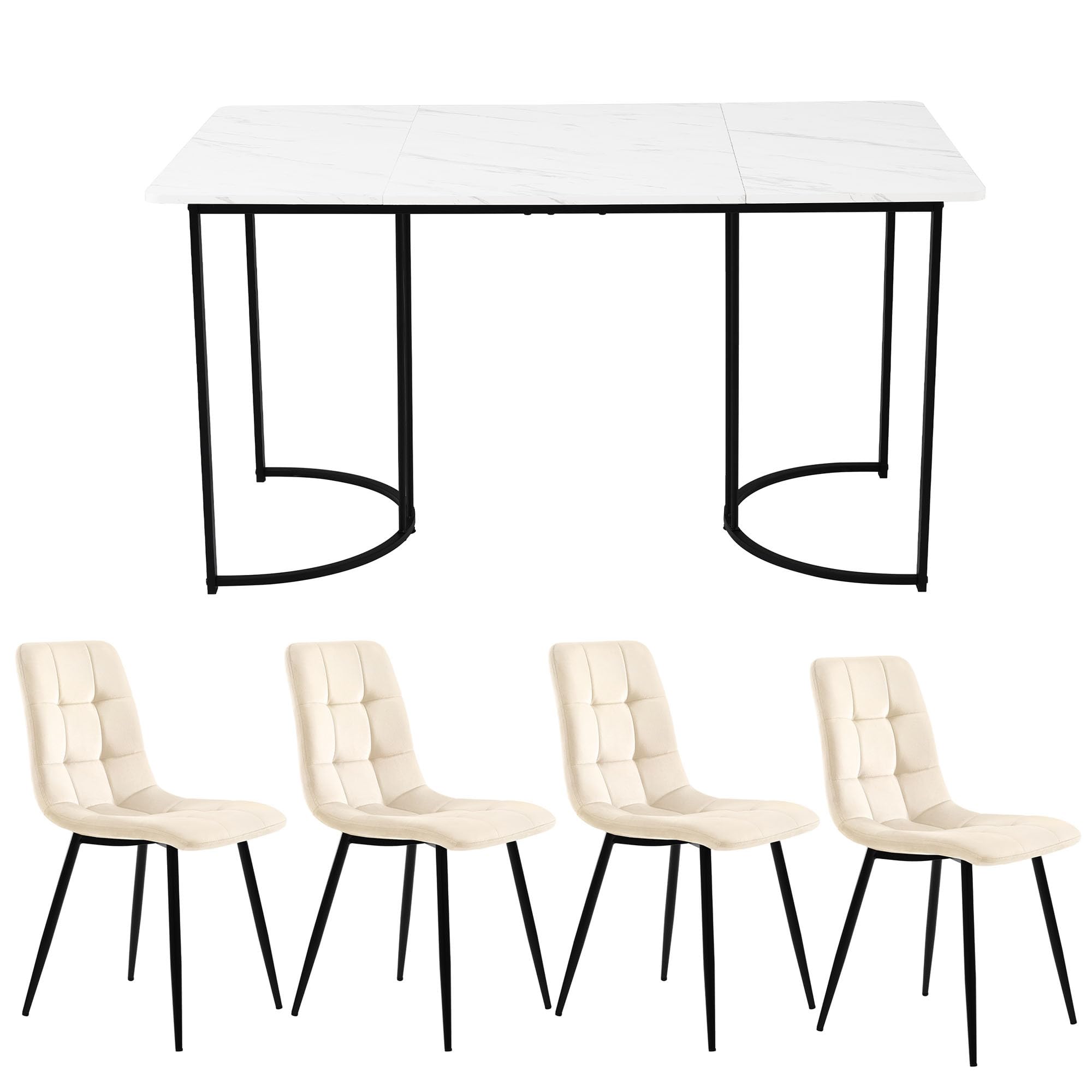 140×80cm Juego de mesa de comedor de 5 piezas con 4 sillas tapizadas de terciopelo, mesas de cocina rectangulares con patas negras, estructura de metal y tablero de mármol, Beige