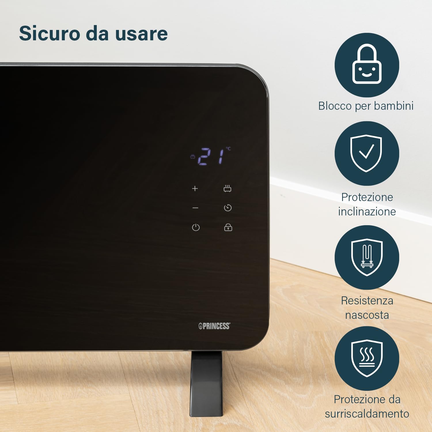 Princess Riscaldatore elettrico connesso - Riscaldamento a convezione - Controllo manuale, tramite app o vocale - App gratuita - Pannello in vetro - 2000W - Nero - 348200
