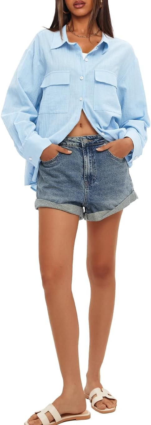 Darong Women's Button Down Long Sleeve Shirts Cotton Blend Casual Oversized Boyfriend Loose Fit Blouse Top - Image 5